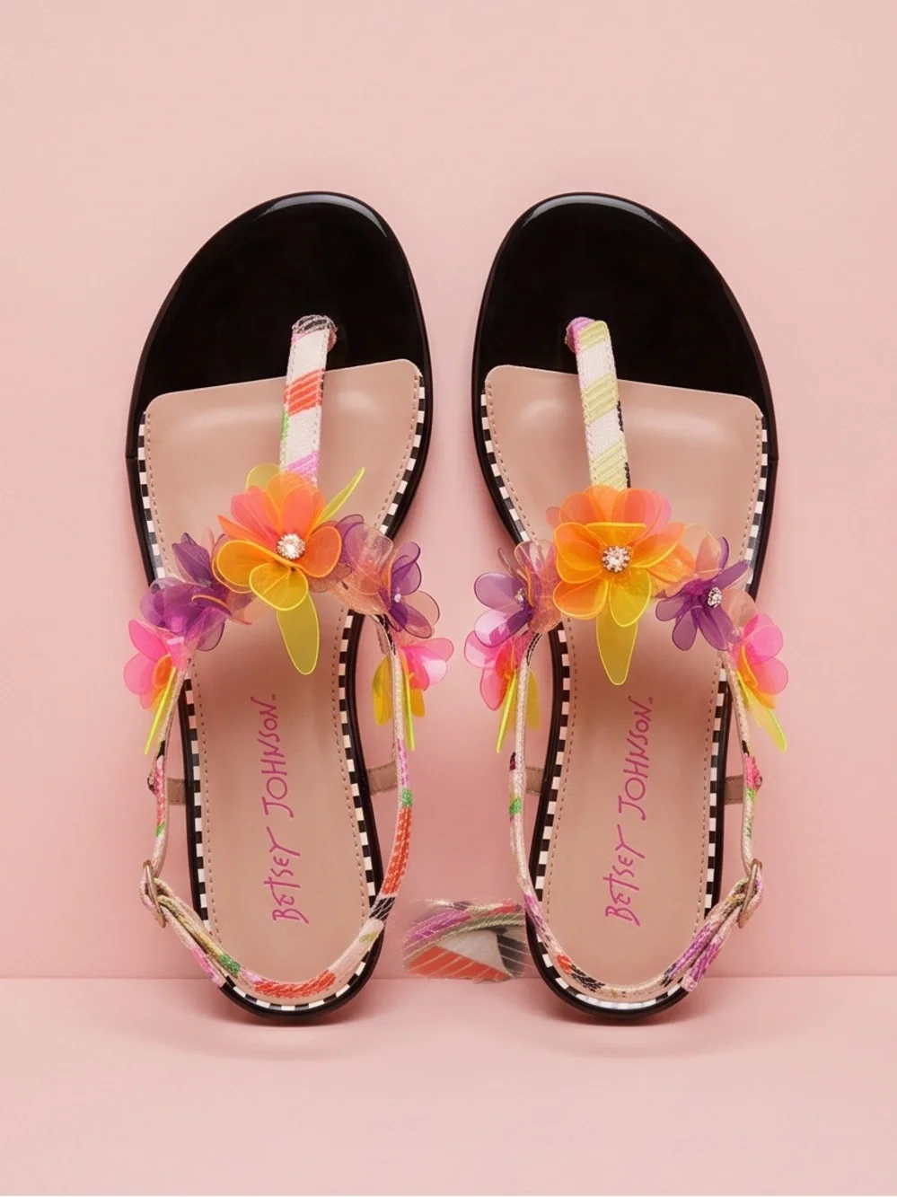 Betsey Johnson Hensly Neon Jelly Flower T-Strap Sandals Black Patent size 8